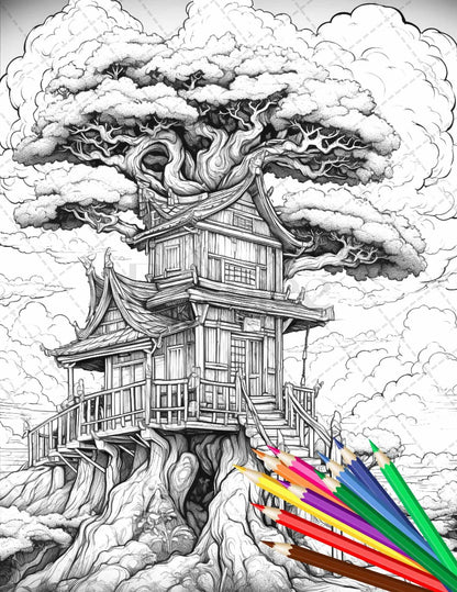 110 Enchanted Treehouse Coloring Book Printable for Adults, Grayscale Coloring Page, PDF File Instant Download