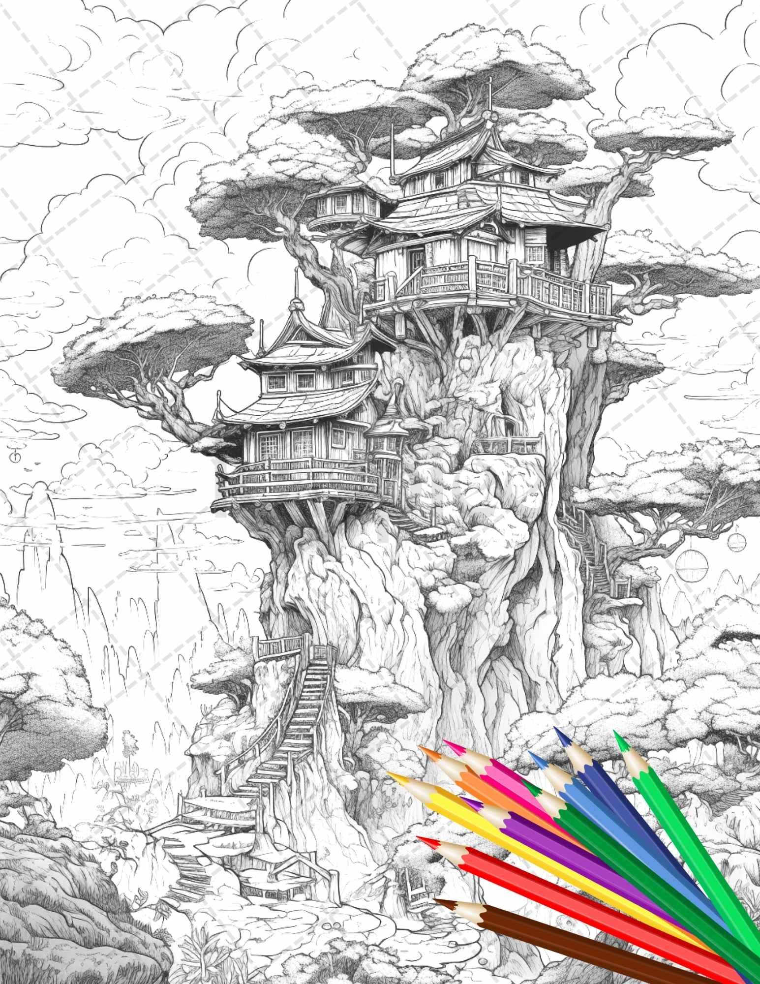 110 Enchanted Treehouse Coloring Book Printable for Adults, Grayscale Coloring Page, PDF File Instant Download