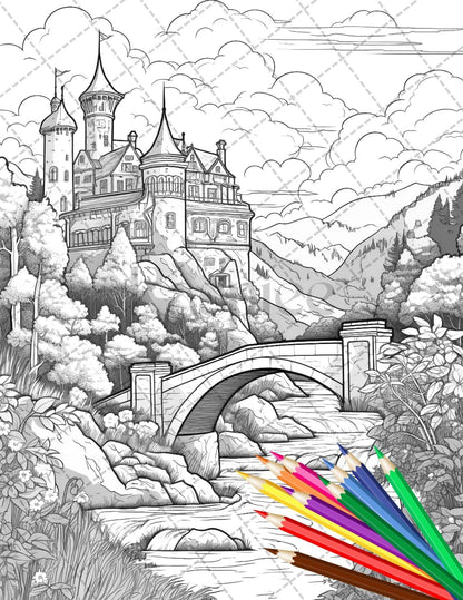 122 Fantasy Castles Coloring Book for Adults, Grayscale Coloring Page, Printable PDF Instant Download