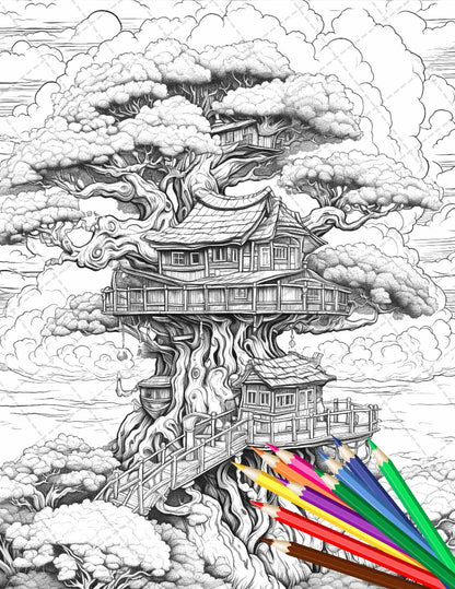 110 Enchanted Treehouse Coloring Book Printable for Adults, Grayscale Coloring Page, PDF File Instant Download
