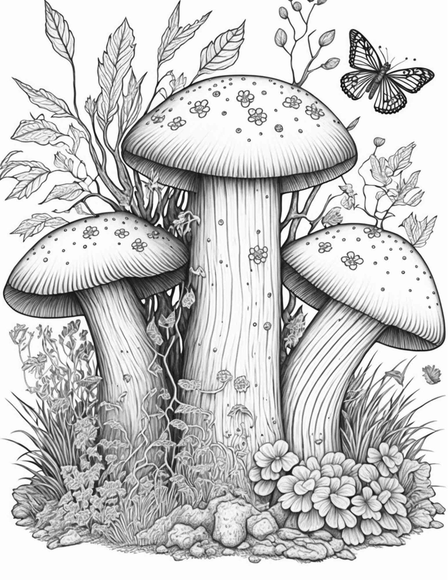 100 Mushroom Forest Coloring Pages Printable for Adults and Kids, Grayscale Coloring Book, Printable PDF File Instant Download