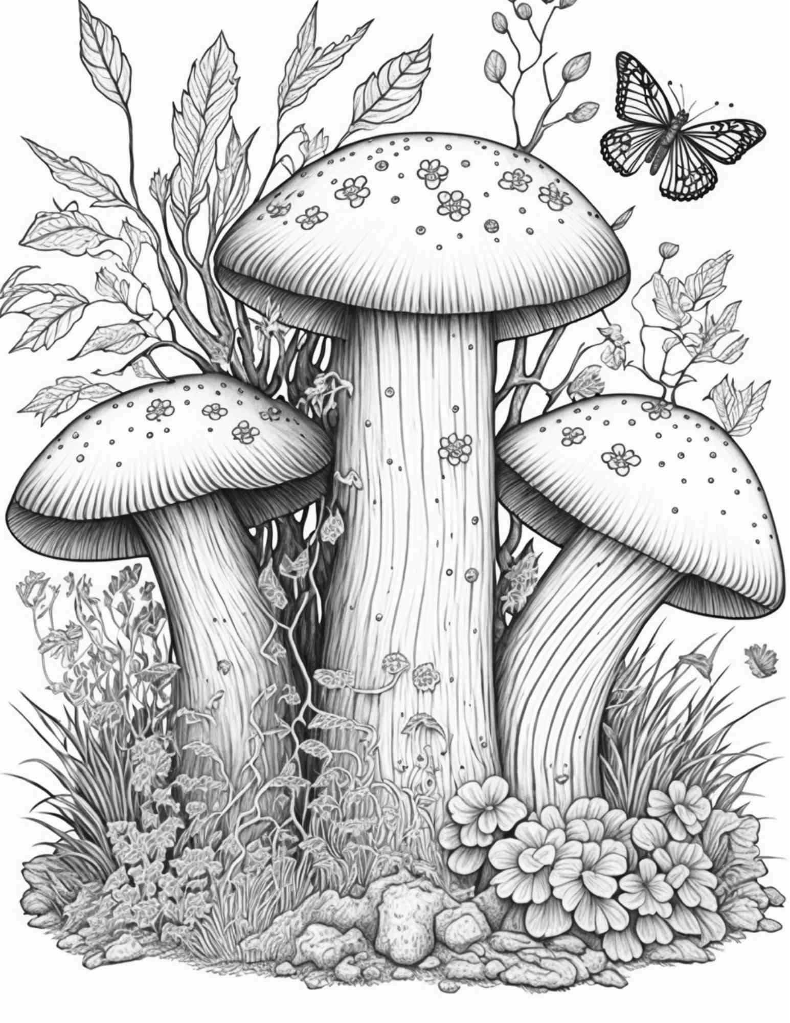 100 Mushroom Forest Coloring Pages Printable for Adults and Kids, Grayscale Coloring Book, Printable PDF File Instant Download