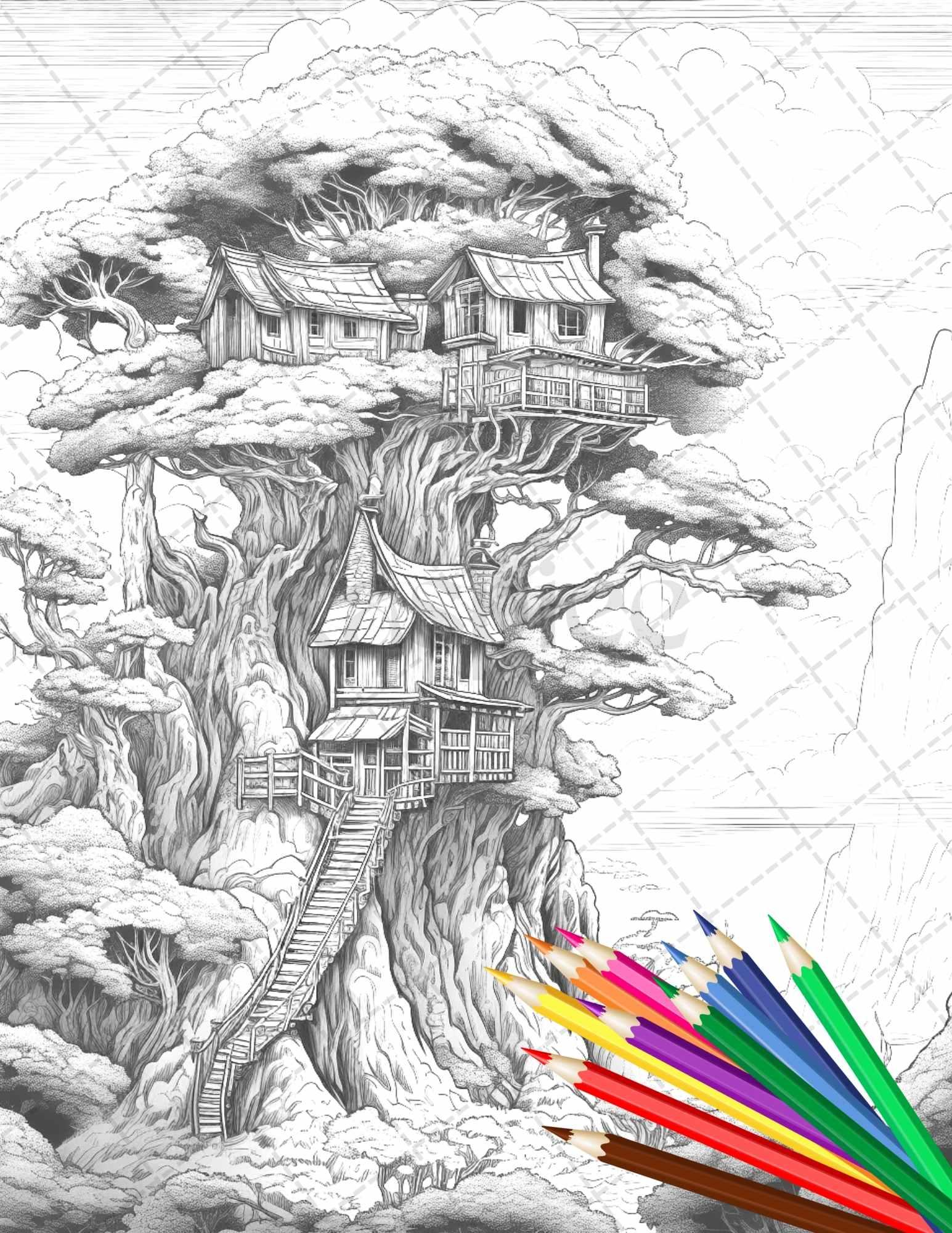 110 Enchanted Treehouse Coloring Book Printable for Adults, Grayscale Coloring Page, PDF File Instant Download