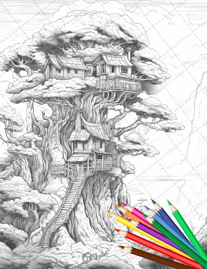 110 Enchanted Treehouse Coloring Book Printable for Adults, Grayscale Coloring Page, PDF File Instant Download