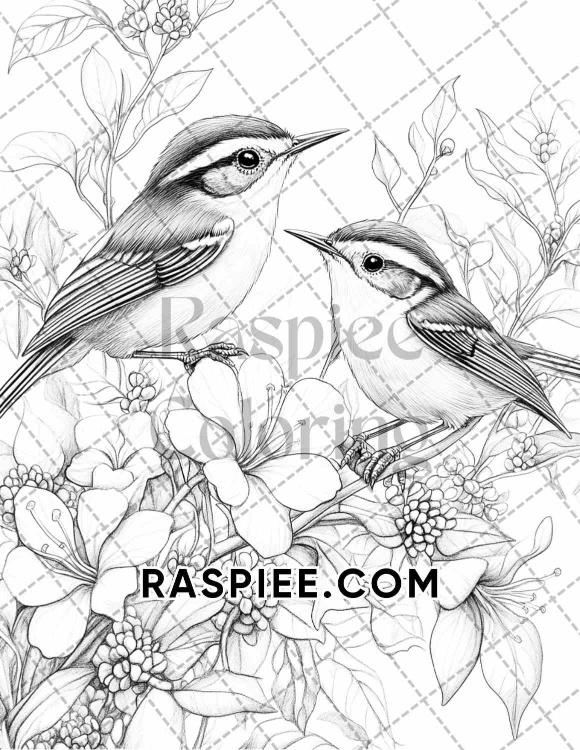 Flowers and Birds Adult Coloring Pages Printable PDF Instant Download