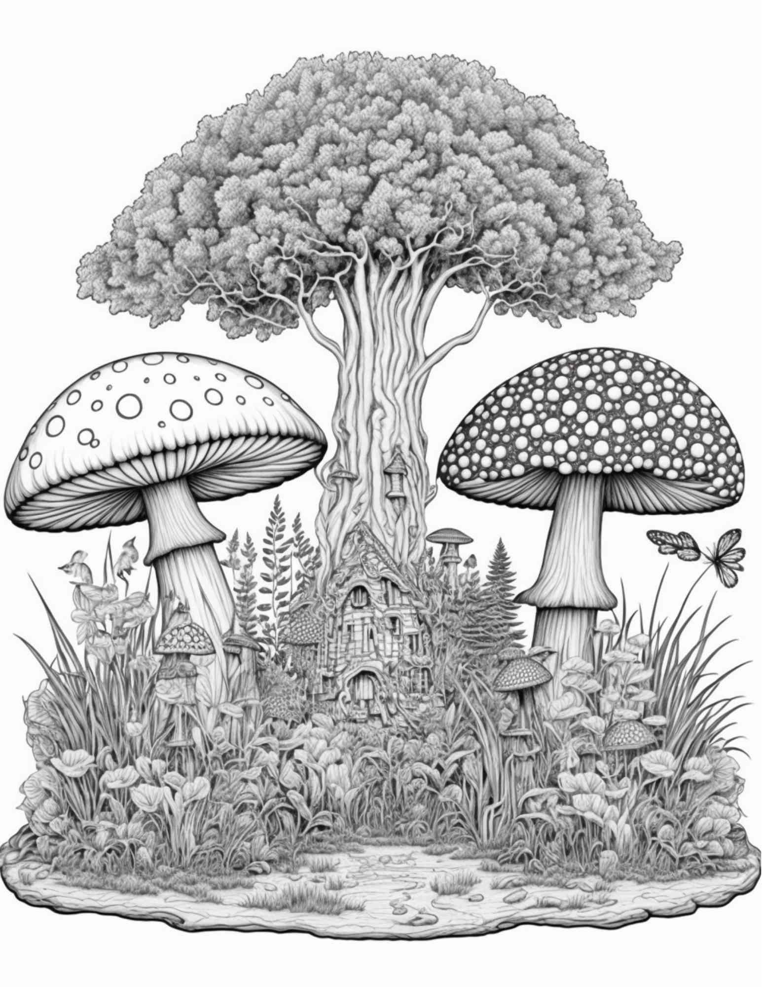100 Mushroom Forest Coloring Pages Printable for Adults and Kids, Grayscale Coloring Book, Printable PDF File Instant Download