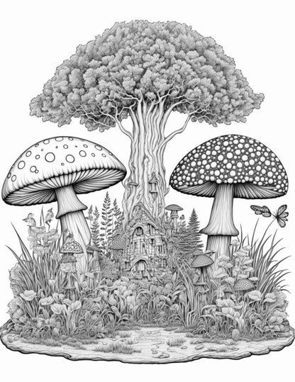 100 Mushroom Forest Coloring Pages Printable for Adults and Kids, Grayscale Coloring Book, Printable PDF File Instant Download