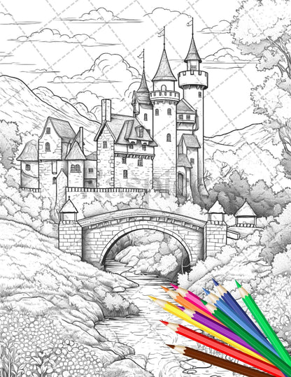 122 Fantasy Castles Coloring Book for Adults, Grayscale Coloring Page, Printable PDF Instant Download