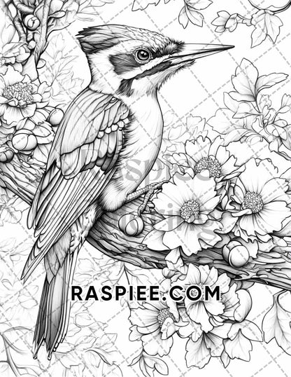 Flowers and Birds Adult Coloring Pages Printable PDF Instant Download