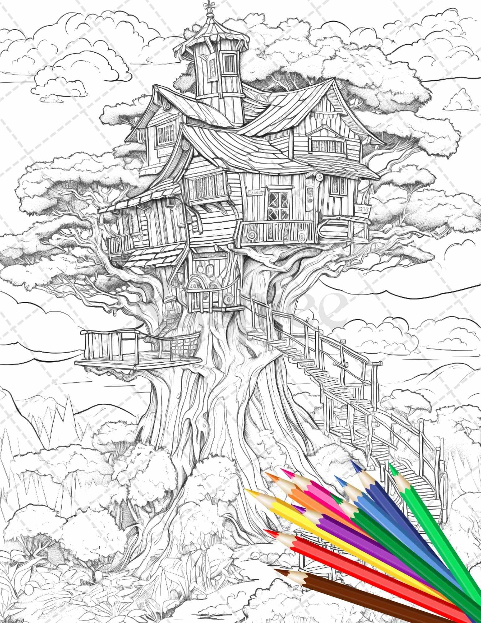 110 Enchanted Treehouse Coloring Book Printable for Adults, Grayscale Coloring Page, PDF File Instant Download