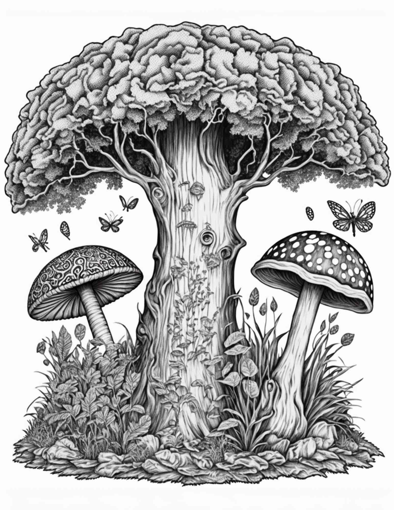 100 Mushroom Forest Coloring Pages Printable for Adults and Kids, Grayscale Coloring Book, Printable PDF File Instant Download