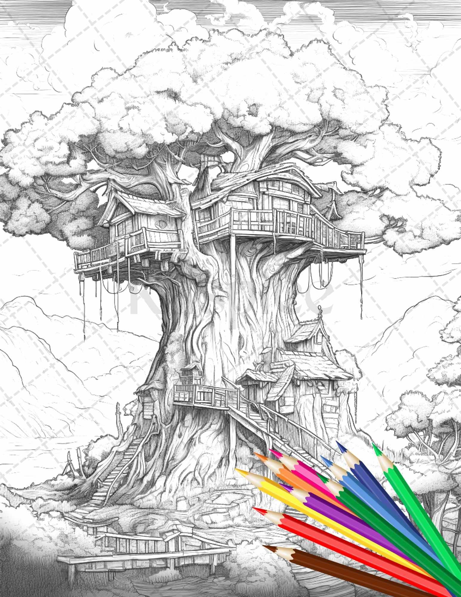 110 Enchanted Treehouse Coloring Book Printable for Adults, Grayscale Coloring Page, PDF File Instant Download