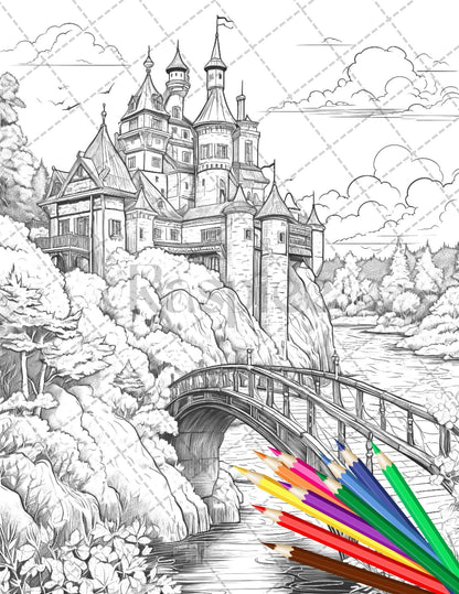 122 Fantasy Castles Coloring Book for Adults, Grayscale Coloring Page, Printable PDF Instant Download