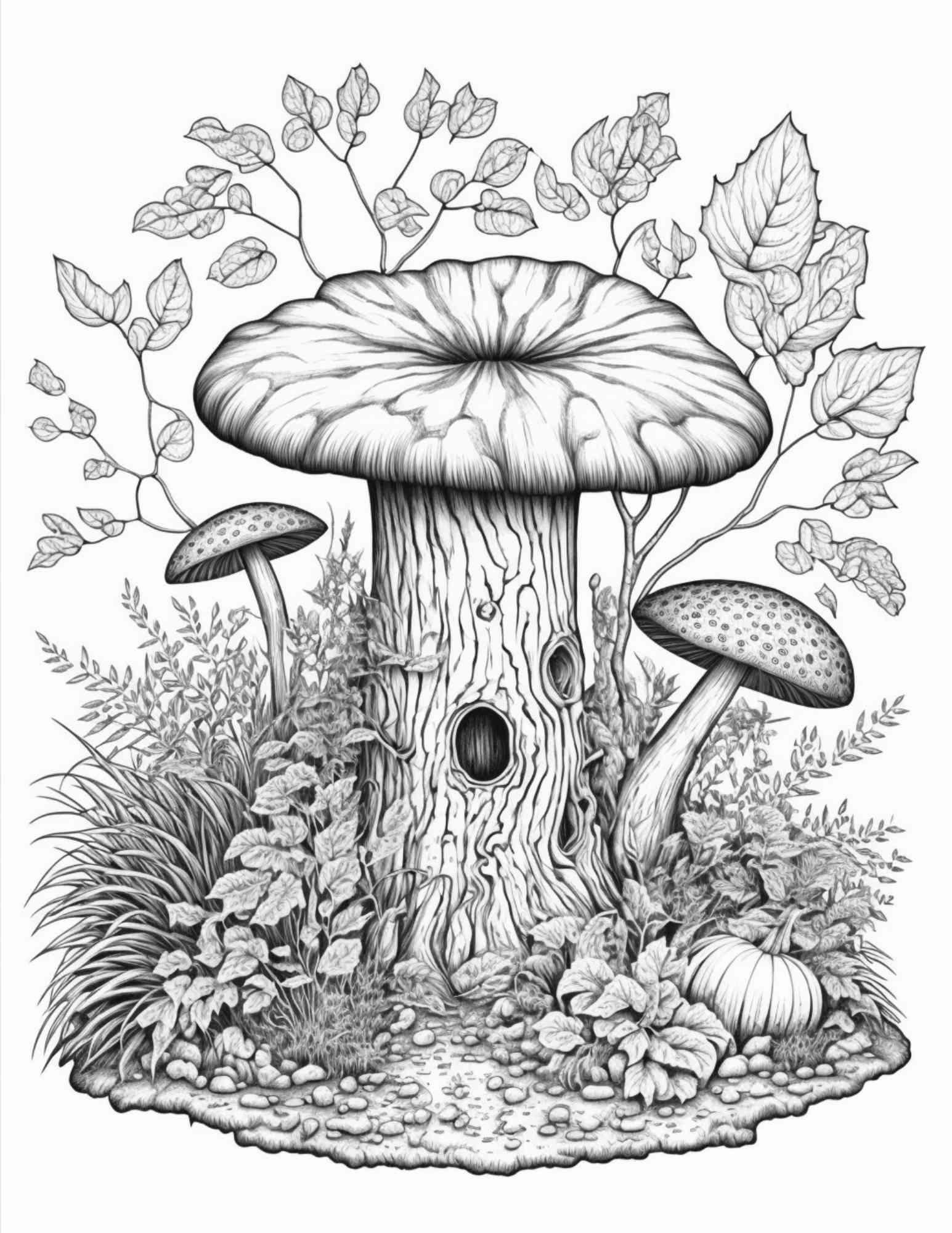 100 Mushroom Forest Coloring Pages Printable for Adults and Kids, Grayscale Coloring Book, Printable PDF File Instant Download