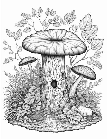 100 Mushroom Forest Coloring Pages Printable for Adults and Kids, Grayscale Coloring Book, Printable PDF File Instant Download