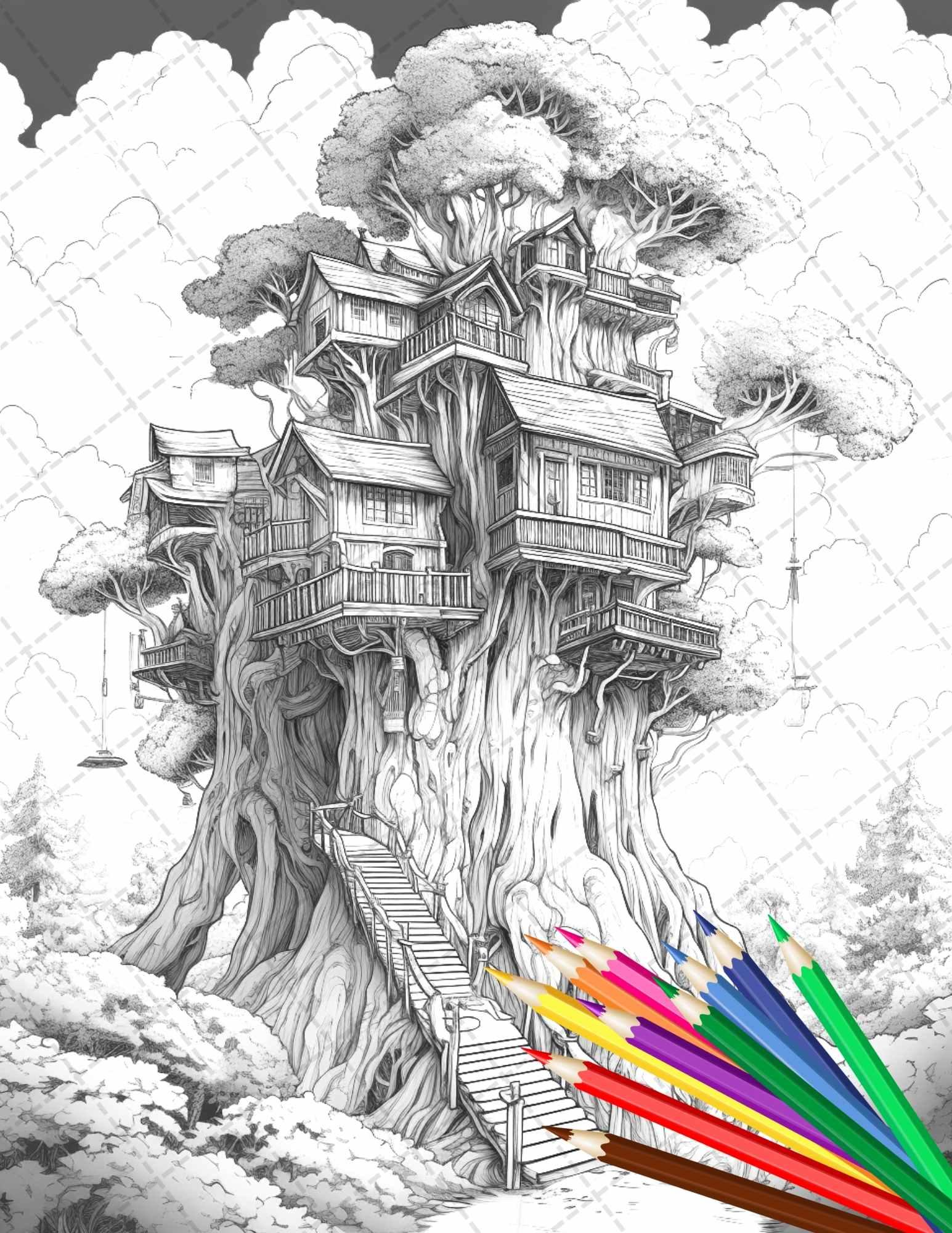 110 Enchanted Treehouse Coloring Book Printable for Adults, Grayscale Coloring Page, PDF File Instant Download