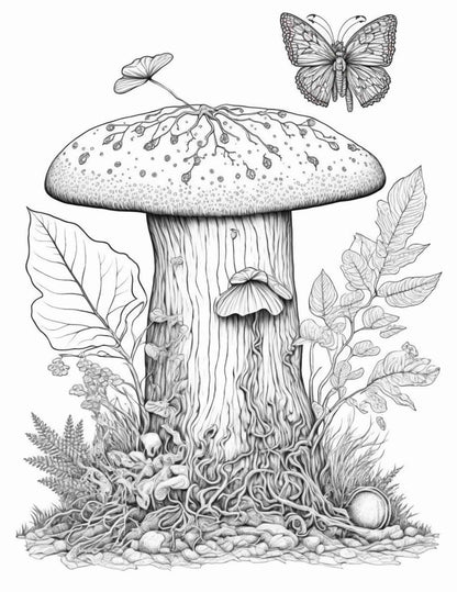 100 Mushroom Forest Coloring Pages Printable for Adults and Kids, Grayscale Coloring Book, Printable PDF File Instant Download