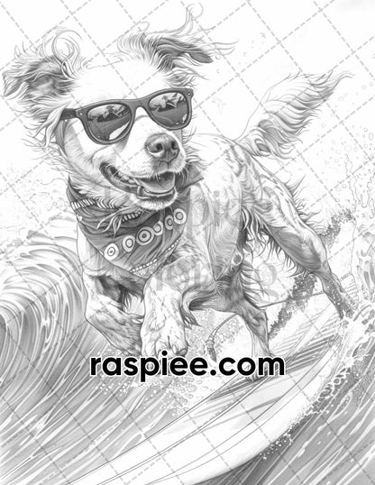 90 Summer Dogs Grayscale Adult Coloring Pages, Printable PDF Instant Download