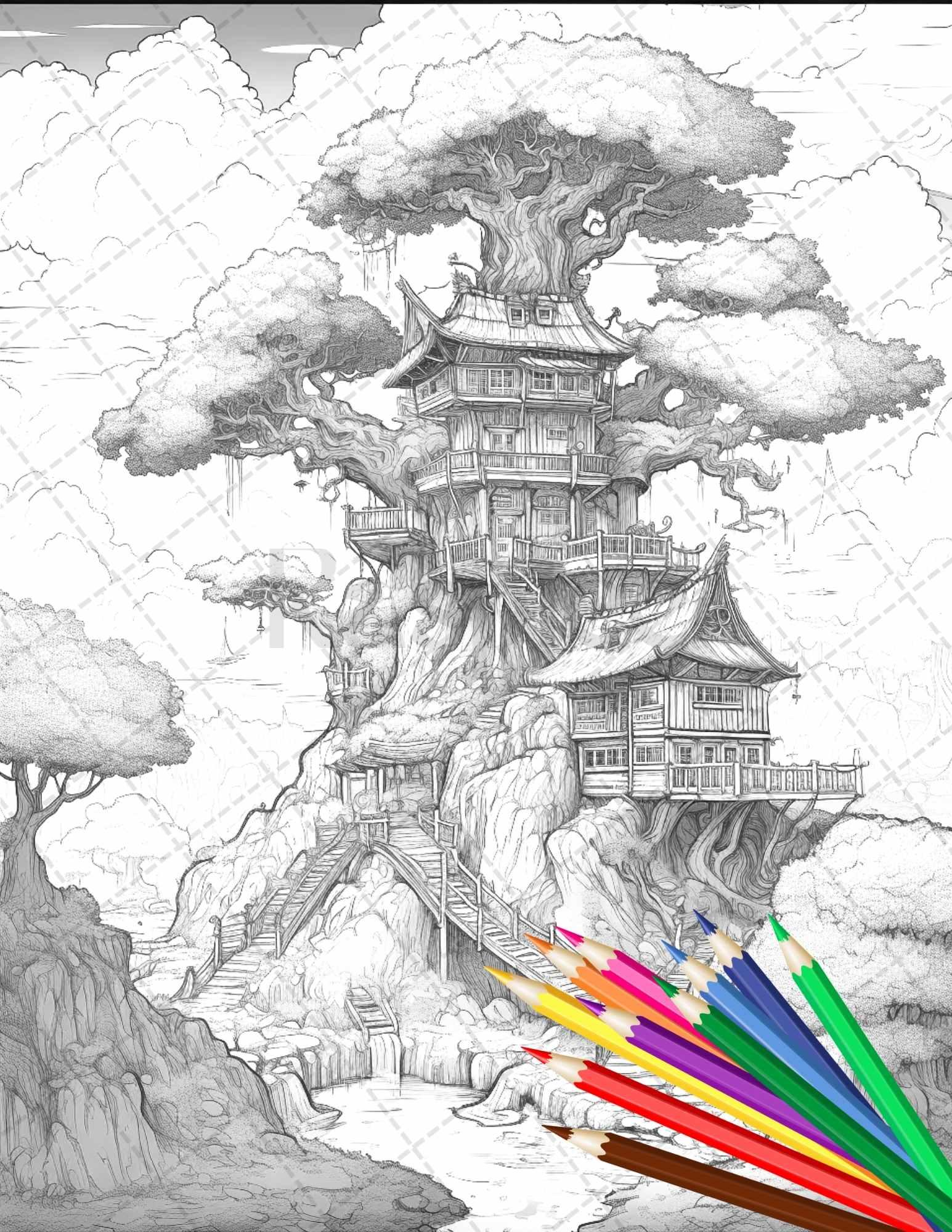 110 Enchanted Treehouse Coloring Book Printable for Adults, Grayscale Coloring Page, PDF File Instant Download