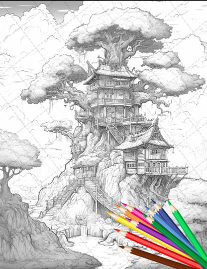 110 Enchanted Treehouse Coloring Book Printable for Adults, Grayscale Coloring Page, PDF File Instant Download