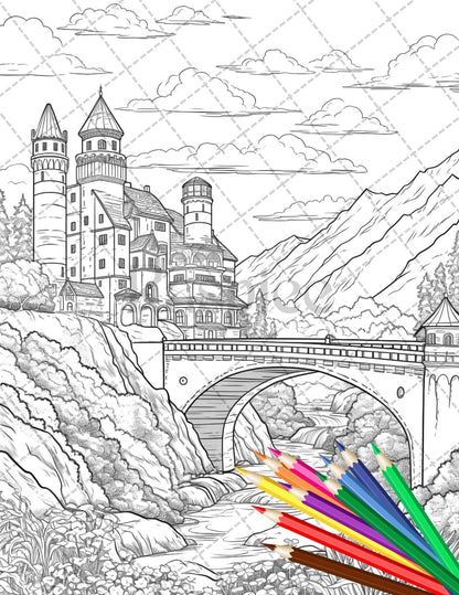 122 Fantasy Castles Coloring Book for Adults, Grayscale Coloring Page, Printable PDF Instant Download