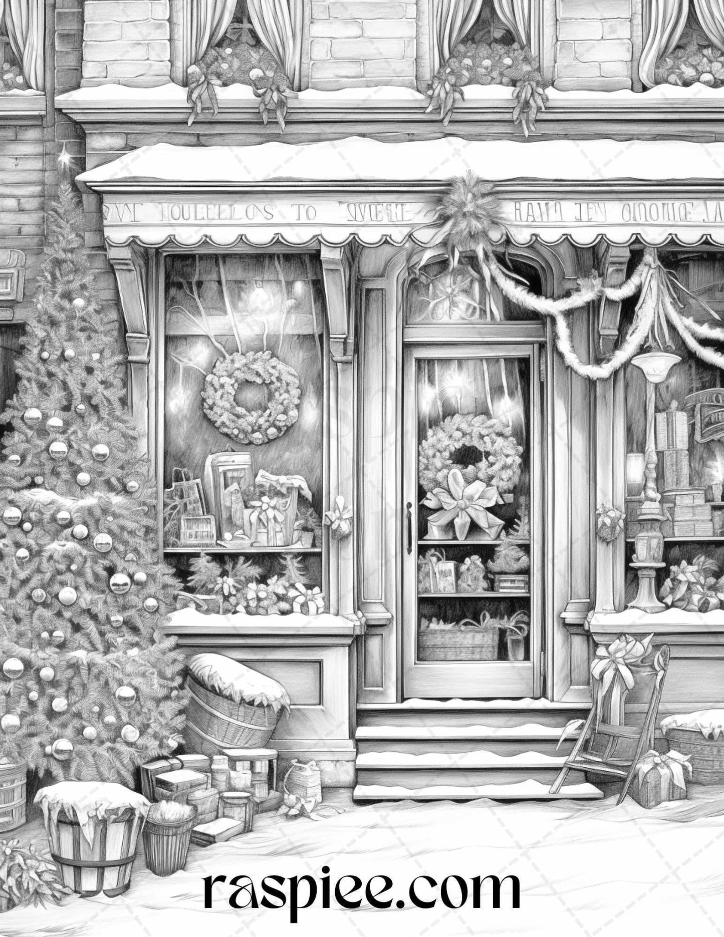 Christmas Store Front Grayscale Coloring Pages for Adults, PDF Printable Instant Download