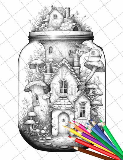 Fairy House in Jar Grayscale Coloring Pages Printable for Adults, PDF File Instant Download