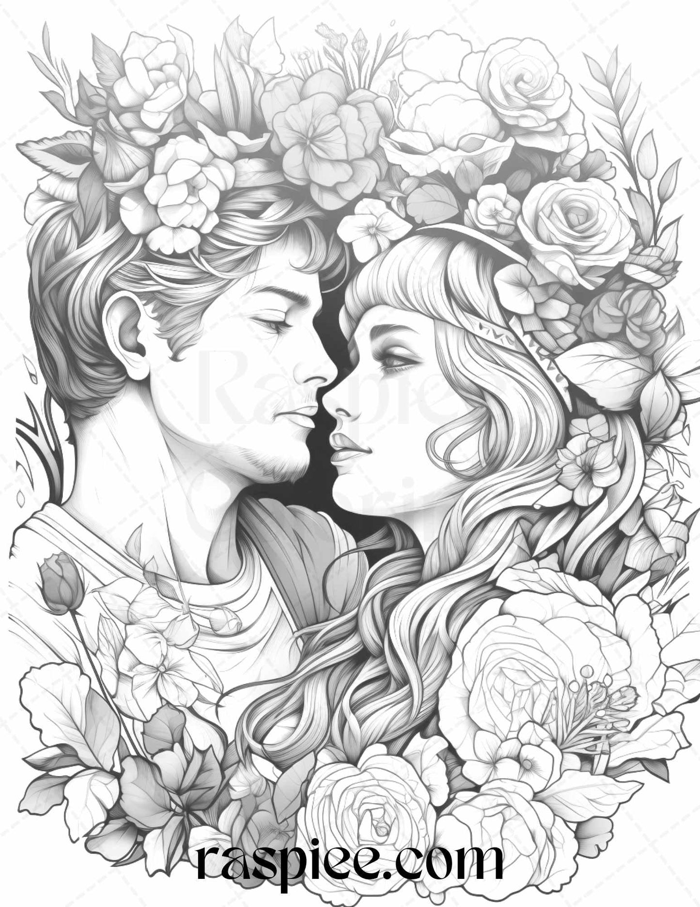 50 Romantic Couple Flowers Grayscale Coloring Pages Printable for Adults, PDF File Instant Download