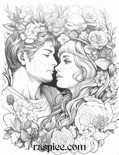 50 Romantic Couple Flowers Grayscale Coloring Pages Printable for Adults, PDF File Instant Download