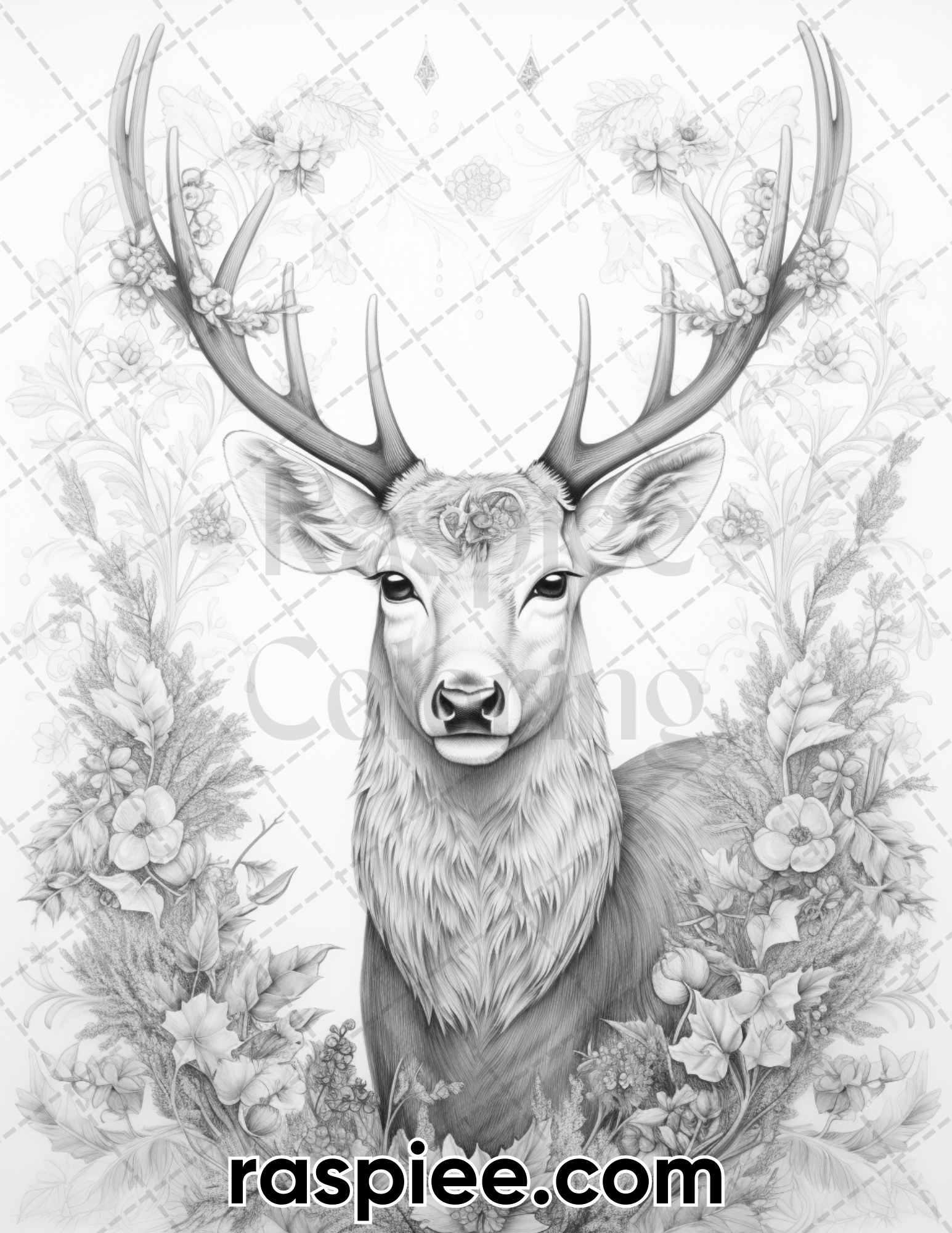 50 Christmas Deer Grayscale Coloring Pages for Adults, Printable PDF Instant Download