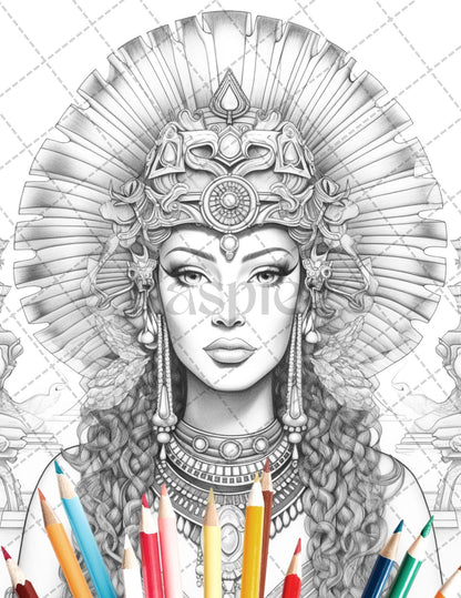 35 Ancient Egyptian Queens Coloring Book Printable for Adults, Grayscale Coloring Page, PDF File Instant Download