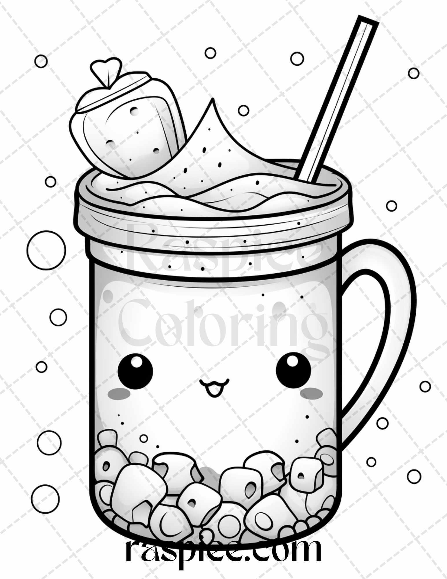 50 Cute Kawaii Boba Tea Grayscale Coloring Pages for Adults and Kids, Printable PDF File Instant Download