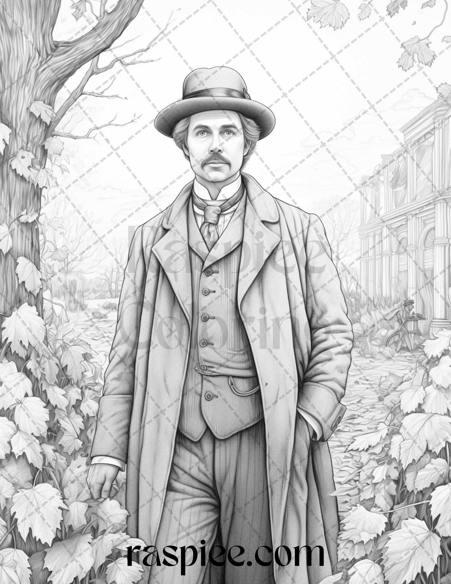 60 Victorian Autumn Portrait Grayscale Coloring Pages Printable for Adults, PDF File Instant Download
