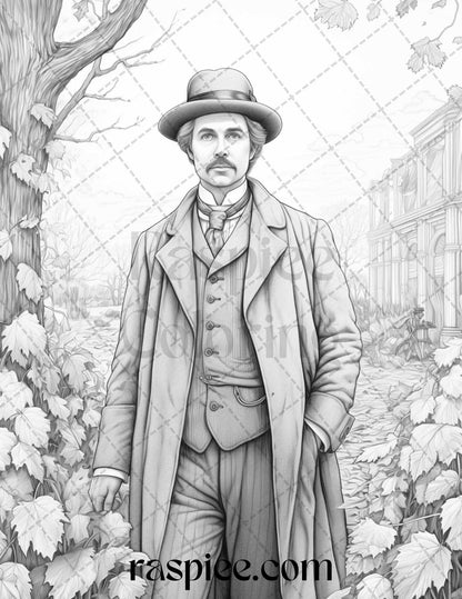 60 Victorian Autumn Portrait Grayscale Coloring Pages Printable for Adults, PDF File Instant Download