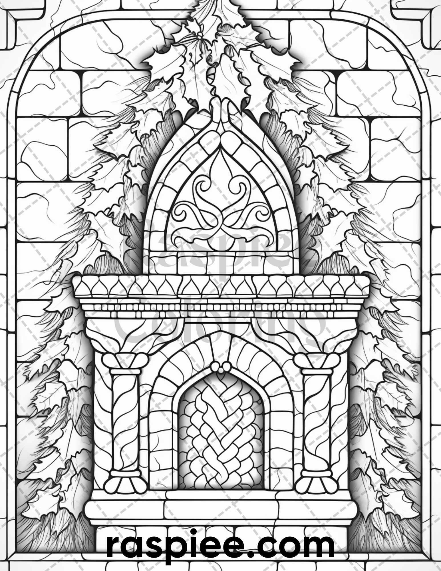 50 Christmas Stained Glass Grayscale Coloring Pages for Adults, Printable PDF File Instant Download