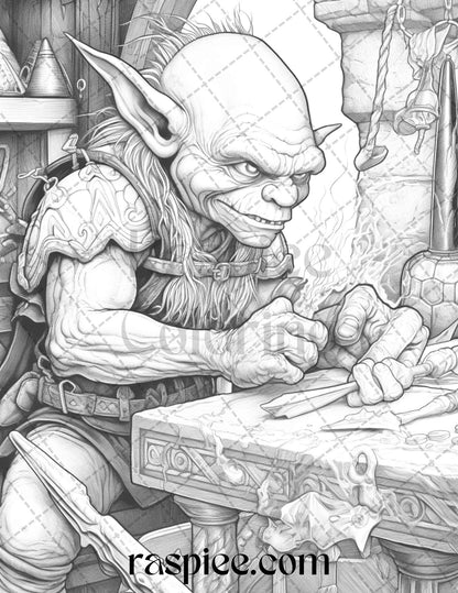 Fantasy Goblins Grayscale Coloring Pages Printable for Adults, PDF File Instant Download