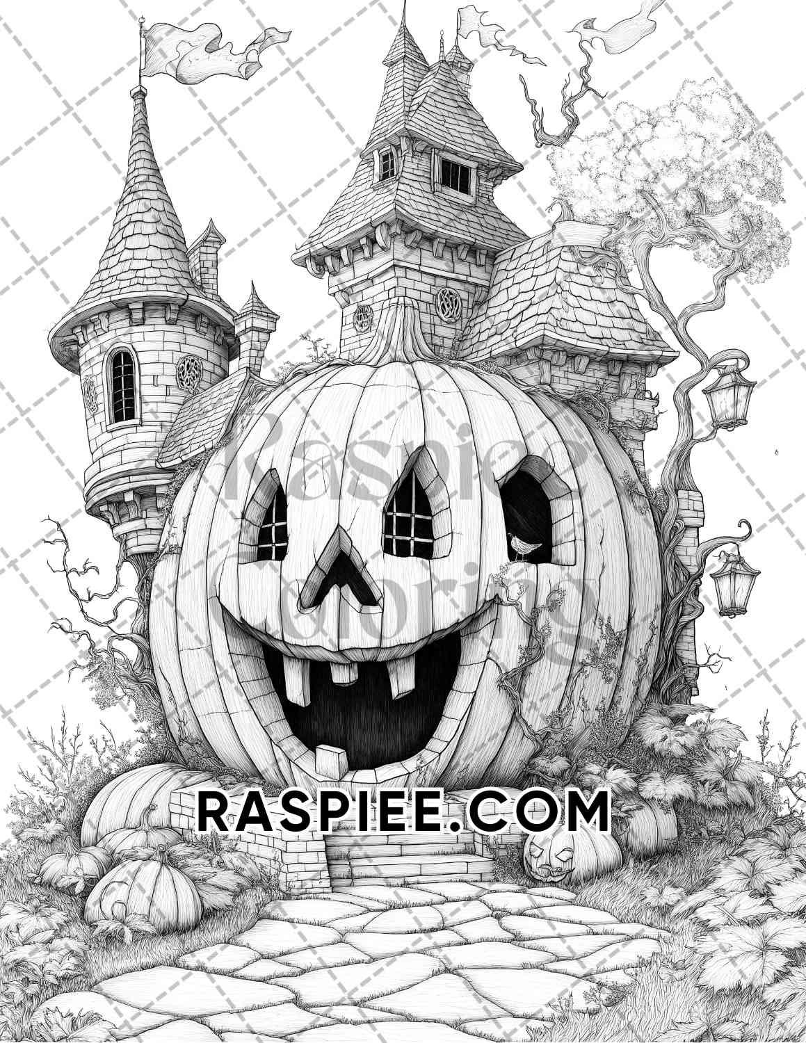 Fantasy Giant Pumpkin Castles Adult Coloring Pages Printable PDF Instant Download