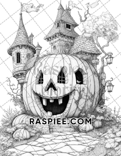 Fantasy Giant Pumpkin Castles Adult Coloring Pages Printable PDF Instant Download