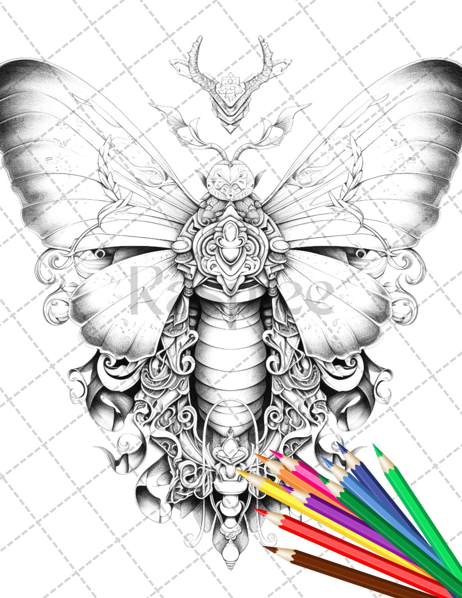 32 Beautiful Moths and Floral Coloring Book for Adults, Grayscale Coloring Page, Printable PDF Instant Download