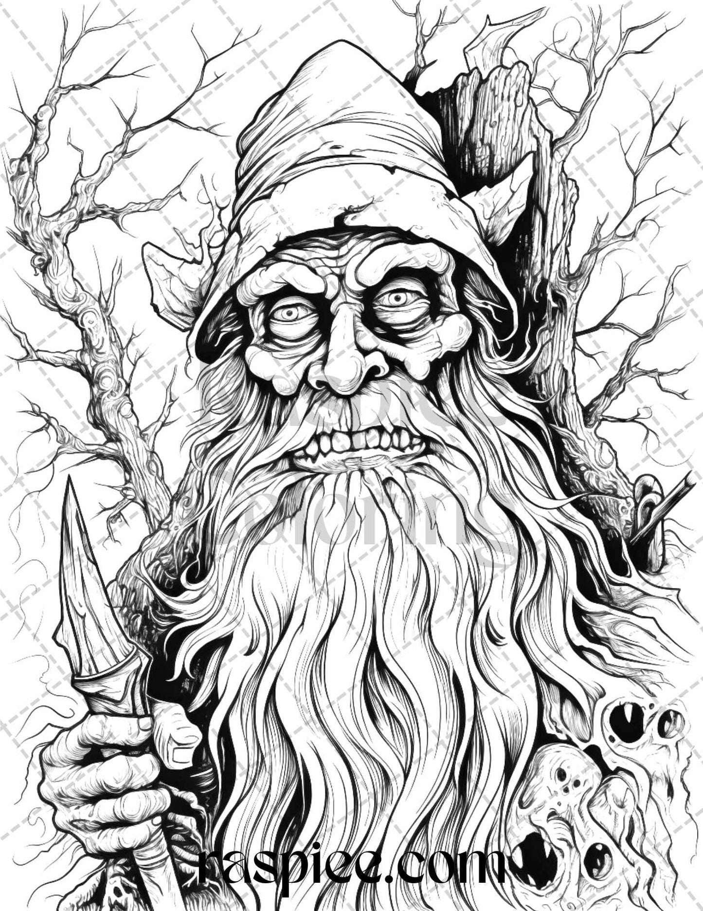 50 Horror Zombie Gnomes Grayscale Coloring Pages Printable for Adults, PDF File Instant Download