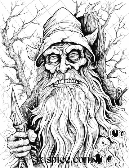 50 Horror Zombie Gnomes Grayscale Coloring Pages Printable for Adults, PDF File Instant Download