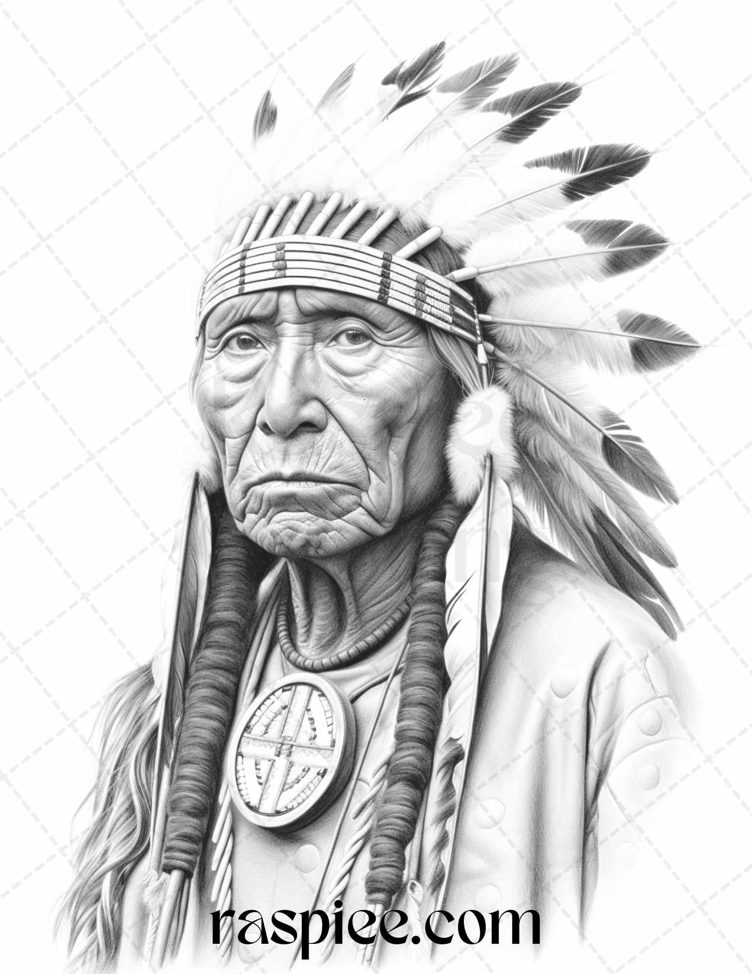 Native American Portrait Grayscale Coloring Pages Printable for Adults, PDF File Instant Download
