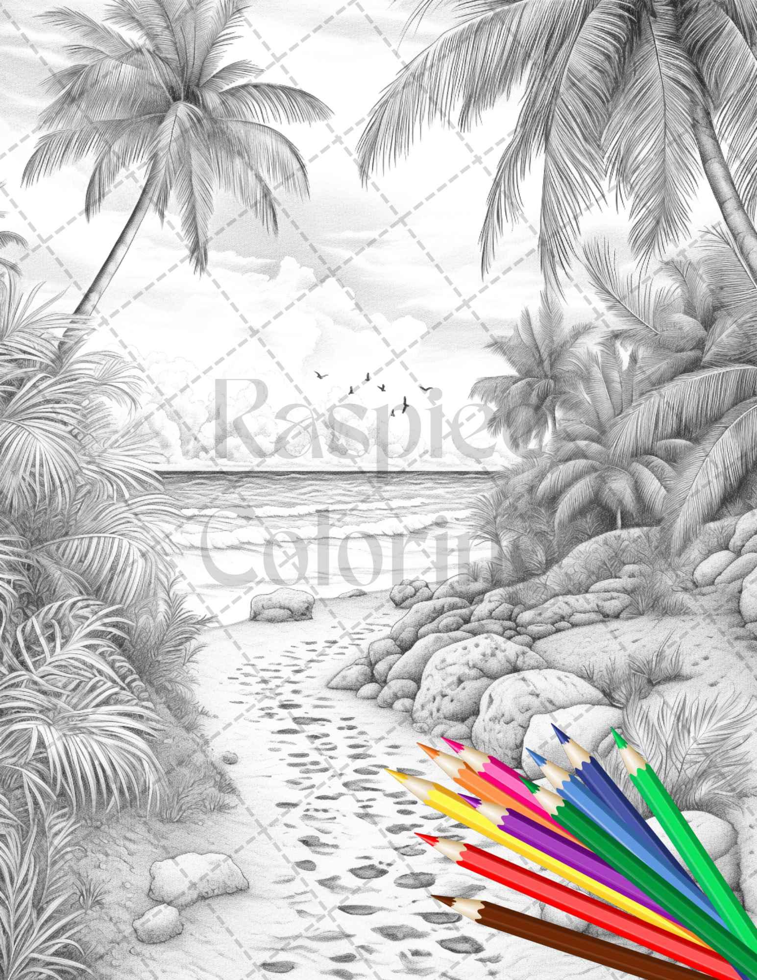 Beautiful Tropical Beach Grayscale Coloring Pages Printable for Adults, PDF File Instant Download