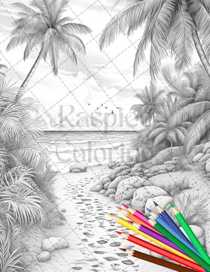 Beautiful Tropical Beach Grayscale Coloring Pages Printable for Adults, PDF File Instant Download