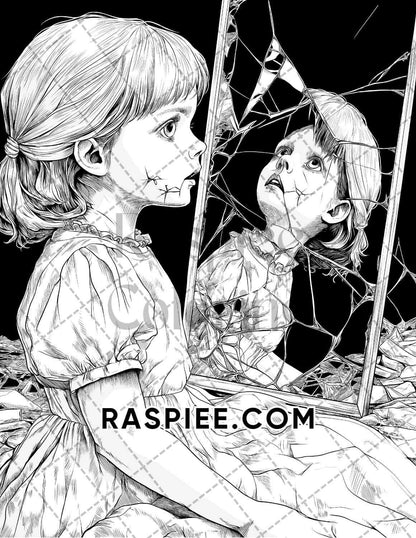 Haunted Dolls Halloween Horror Adult Coloring Pages Printable PDF Instant Download