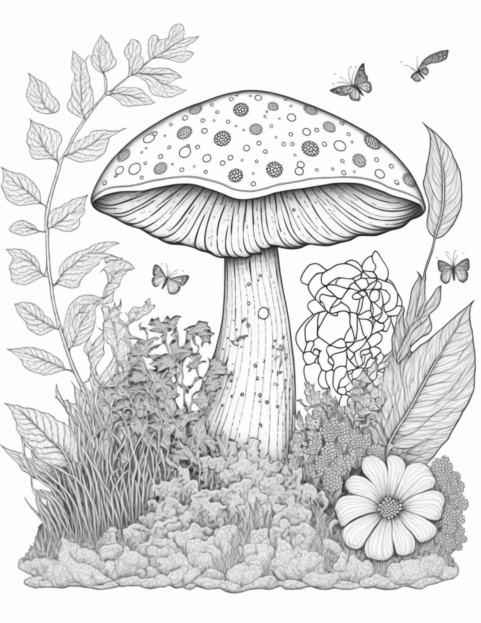100 Mushroom Forest Coloring Pages Printable for Adults and Kids, Grayscale Coloring Book, Printable PDF File Instant Download
