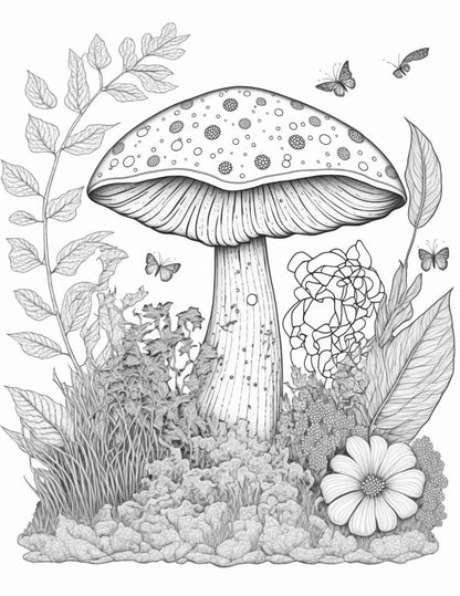 100 Mushroom Forest Coloring Pages Printable for Adults and Kids, Grayscale Coloring Book, Printable PDF File Instant Download