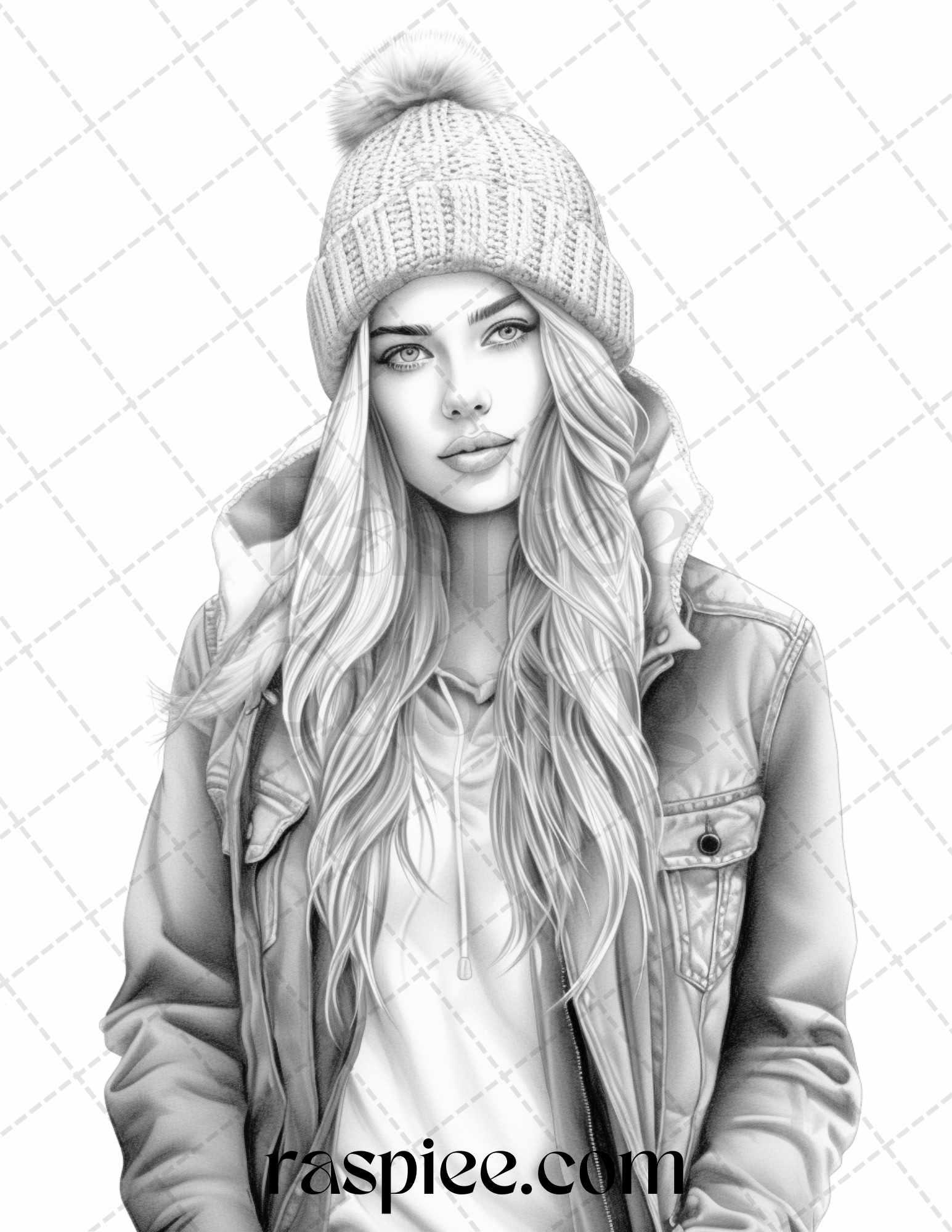 40 Winter Fashion Grayscale Coloring Pages Printable for Adults, PDF File Instant Download