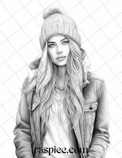 40 Winter Fashion Grayscale Coloring Pages Printable for Adults, PDF File Instant Download