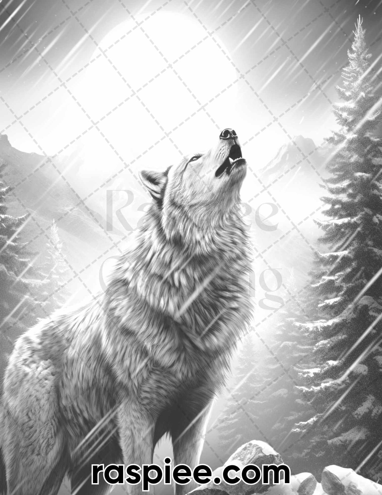 50 Winter Wolf Grayscale Coloring Pages for Adults, Printable PDF Instant Download